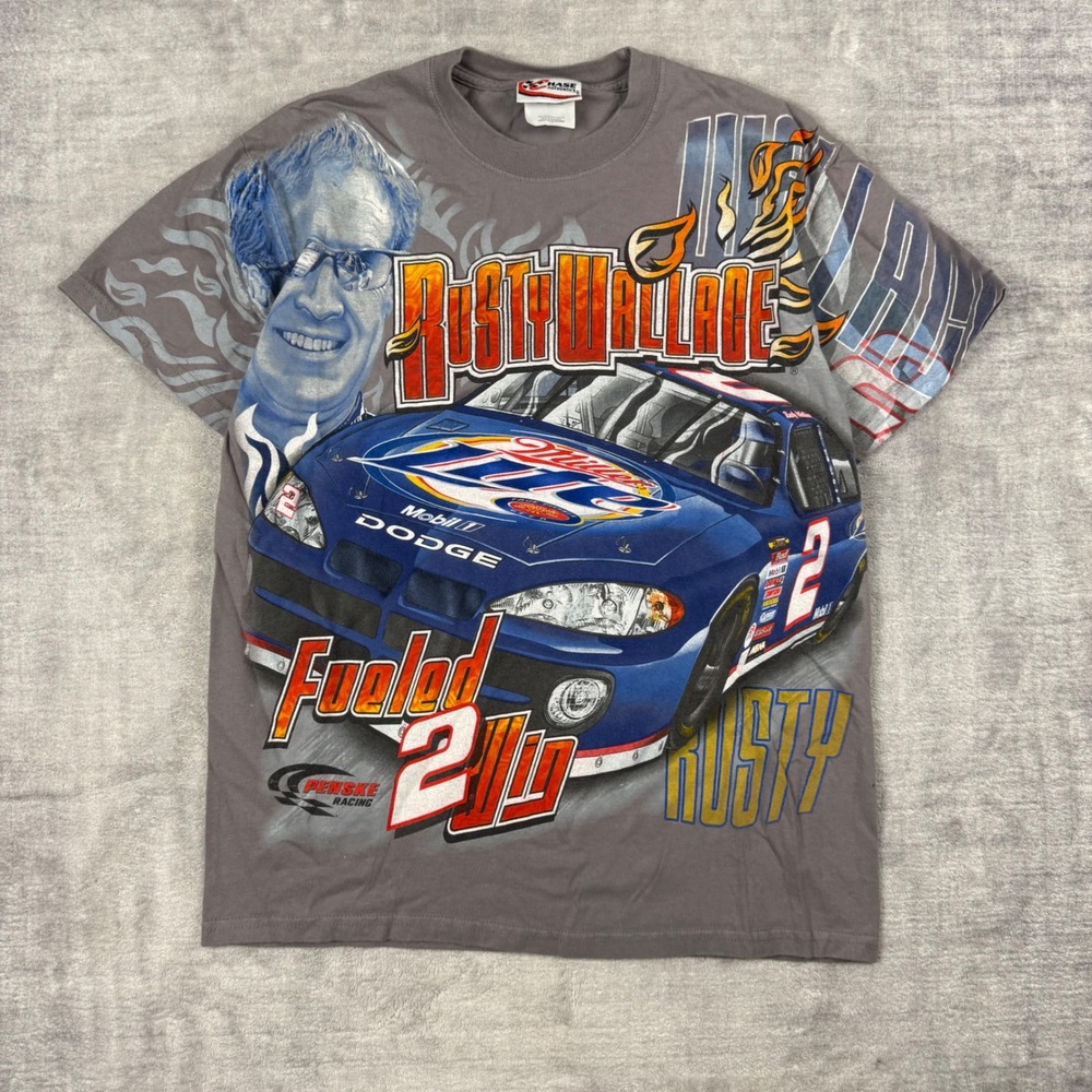 Rusty Wallace Shirt Mens Medium Gray Vtg All Over Print Chase Authentics Racing